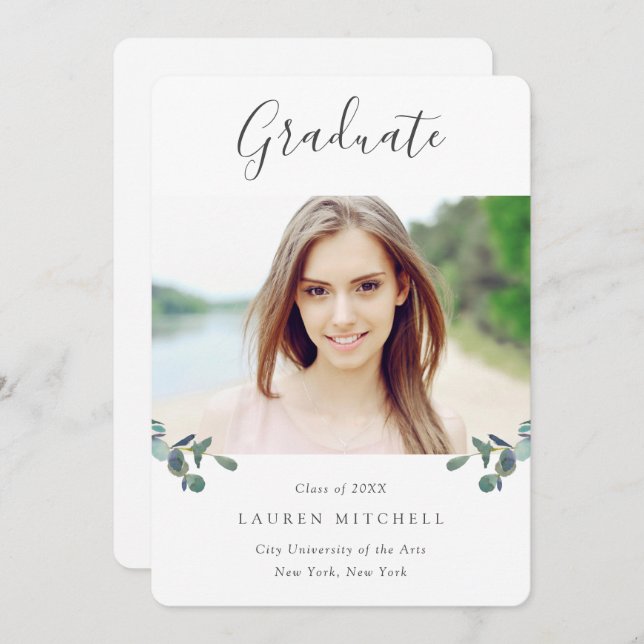 Eucalyptus Crest | Watercolor Photo Graduation Invitation (Front/Back)