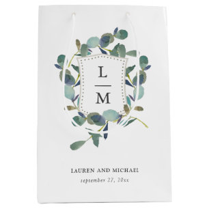 Eucalyptus Crest Watercolor Wedding and Monogram Medium Gift Bag