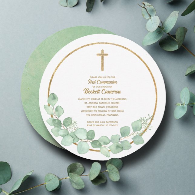 Eucalyptus Cross First Communion  Invitation (Eucalyptus wreath and gold cross first communion round invitations)