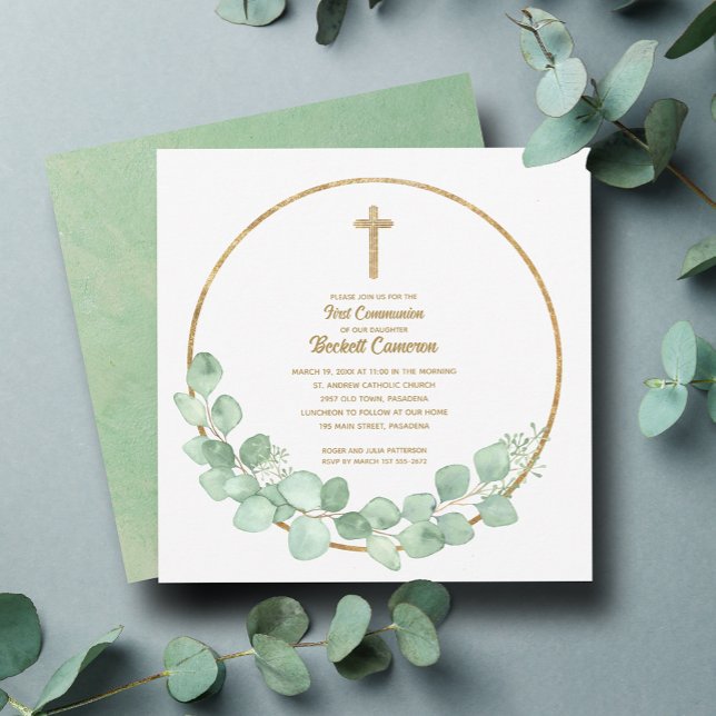 Eucalyptus Cross First Communion  Invitation (Eucalyptus wreath and gold cross first communion square invitations)