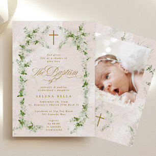 Eucalyptus Cross in Wreath Girl Baptism Photo Invitation