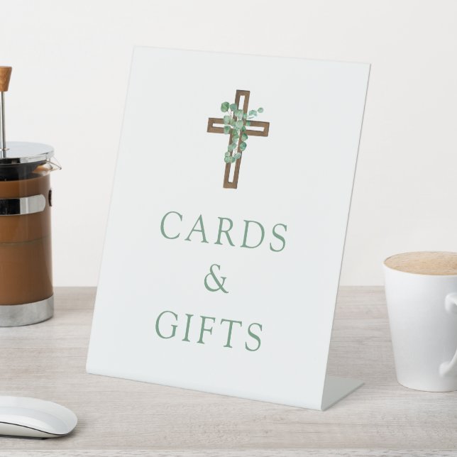 Eucalyptus Cross Modern Baptism Cards and Gifts Pedestal Sign (In SItu)
