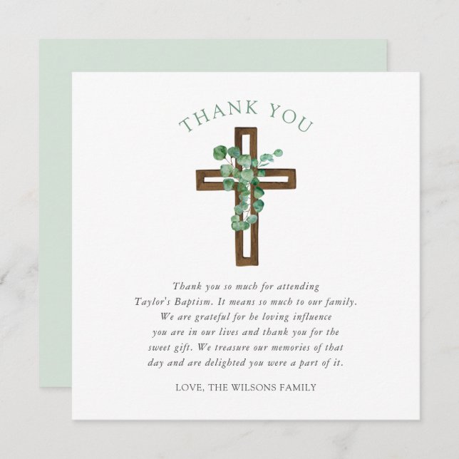 Eucalyptus Cross Modern Baptism Square Thank You (Front/Back)