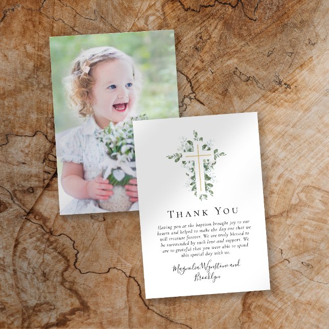 Eucalyptus Cross Photo Baptism  Card (Creator Uploaded)