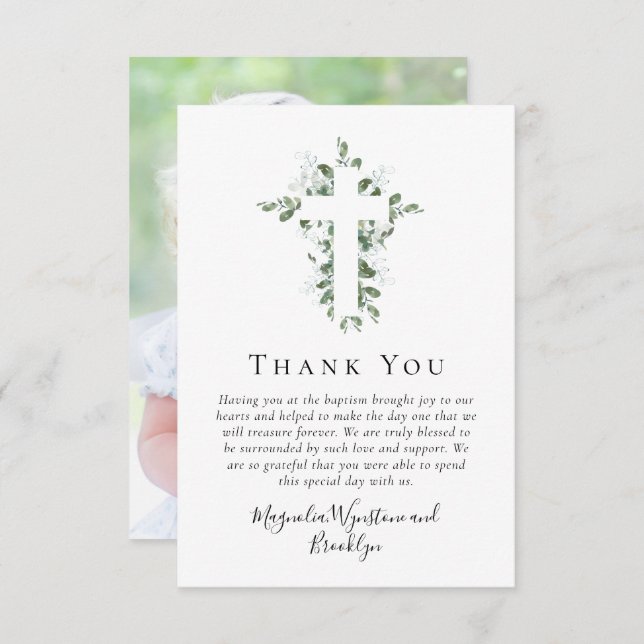 Eucalyptus Cross Photo Baptism  Thank You Card (Front/Back)