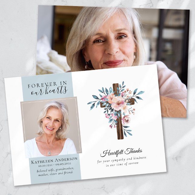 Eucalyptus Cross Photo Funeral Thank You Cards (Creator Uploaded)