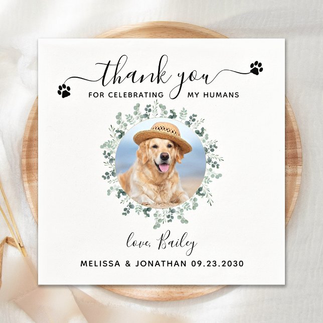 Eucalyptus Custom Pet Photo Thank You Dog Wedding Napkin (Creator Uploaded)