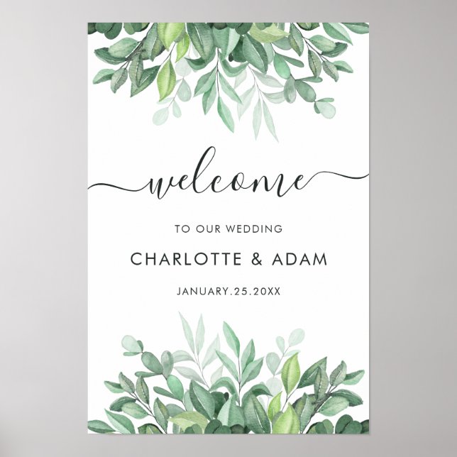 Eucalyptus Custom White Green Wedding Welcome Sign (Front)