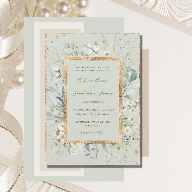 Eucalyptus Daisies Gold Sage Green Elegant Wedding Invitation (Creator Uploaded)
