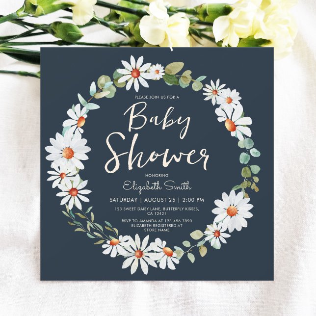Eucalyptus & Daisy Navy Blue Baby Shower  Invitation (Creator Uploaded)