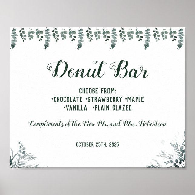 Eucalyptus Doughnut Bar Bridal Shower Wedding Sign (Front)