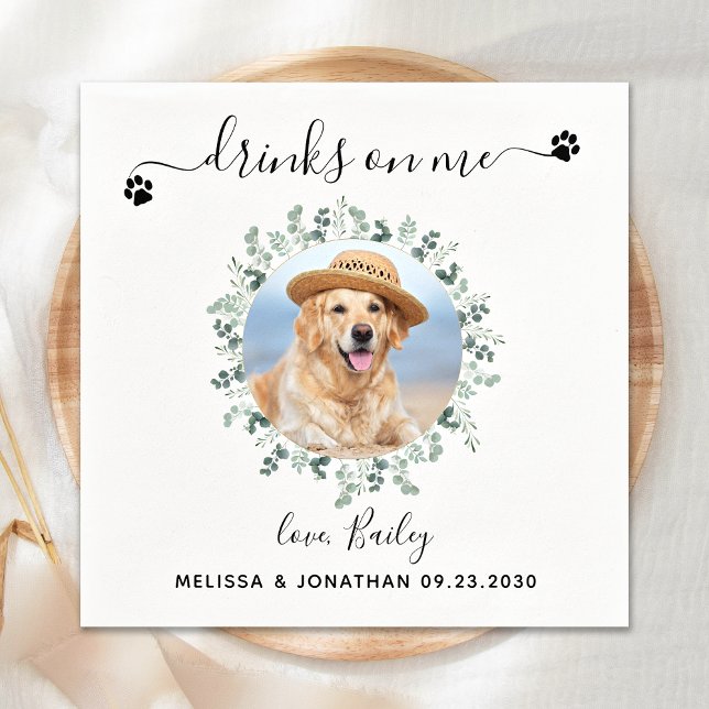 Eucalyptus Drinks On Me Pet Photo Dog Wedding Napkin (Creator Uploaded)