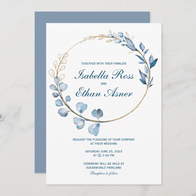 Eucalyptus Dusty Blue and Gold wedding Invitation (Front/Back)