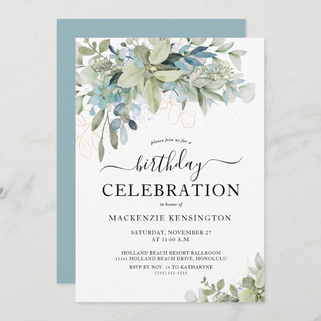 Eucalyptus Dusty Blue Birthday Party Celebration Invitation (Front/Back)