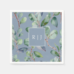 Eucalyptus Dusty Blue Monogram Greenery Wedding Napkin