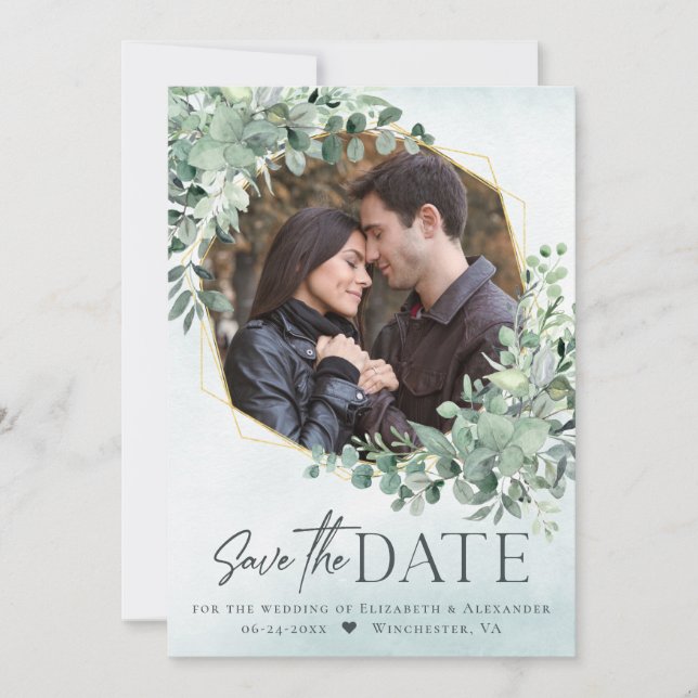 Eucalyptus Dusty Blue Wedding Photo Save the Date (Front)