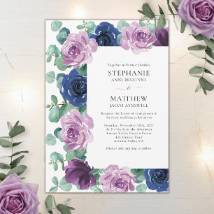 Eucalyptus Dusty Mauve Navy Blue Botanical Wedding Invitation