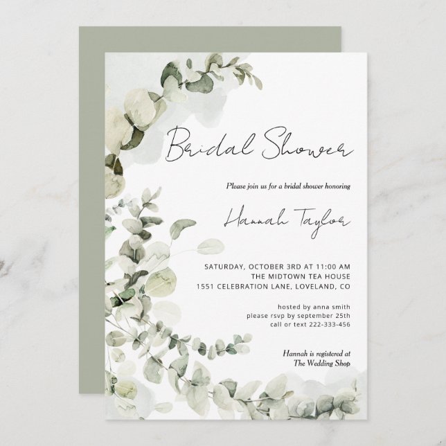 Eucalyptus Elegant Modern Bridal Shower Invitation (Front/Back)