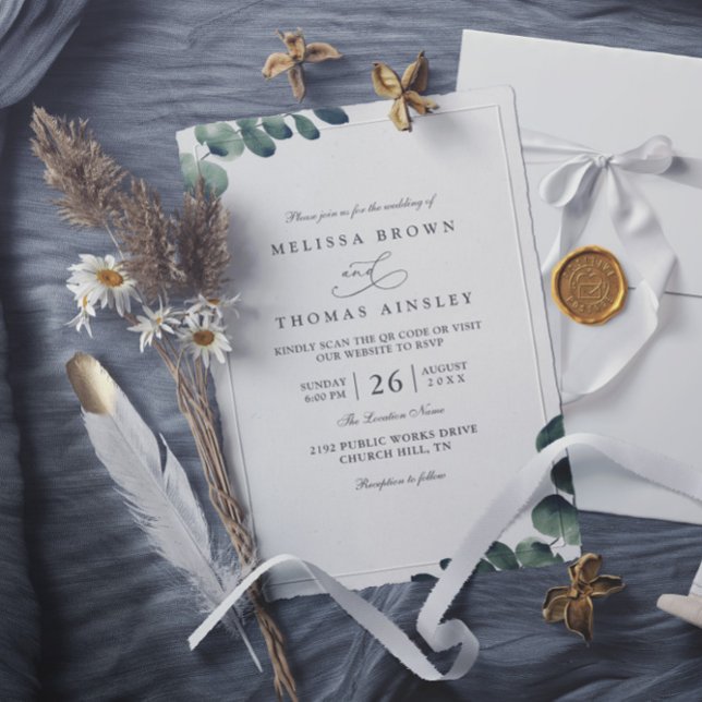Eucalyptus Elegant Modern Rustic QR Code Wedding Invitation (Creator Uploaded)