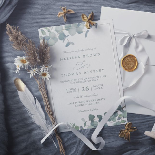 Eucalyptus Elegant Modern Rustic QR Code Wedding Invitation (Creator Uploaded)