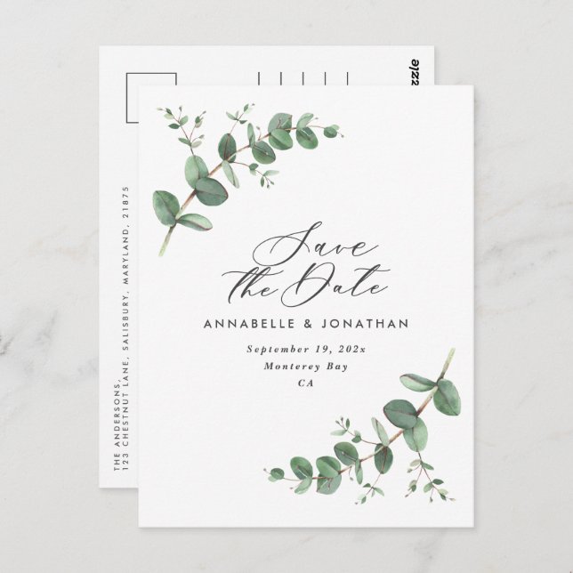 Eucalyptus elegant modern wedding save the date postcard (Front/Back)