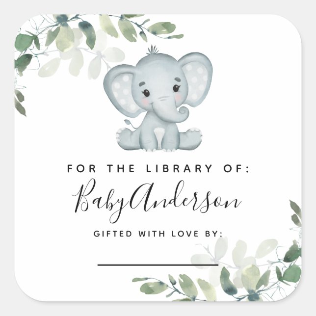 Eucalyptus Elephant Baby Shower Bookplate  Square Sticker (Front)
