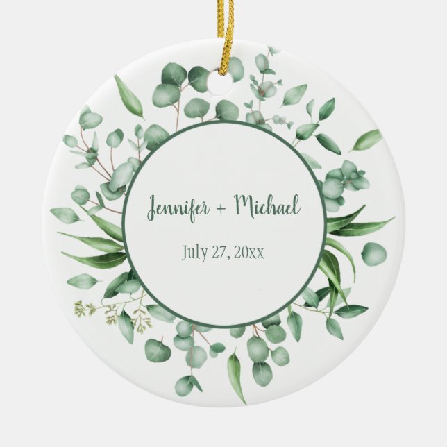 Eucalyptus Envy Wreath Wedding Keepsake Ceramic Tree Decoration (Front)