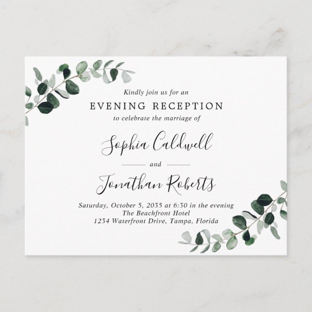 Eucalyptus Evening Wedding Reception Invitation Postcard (Front)