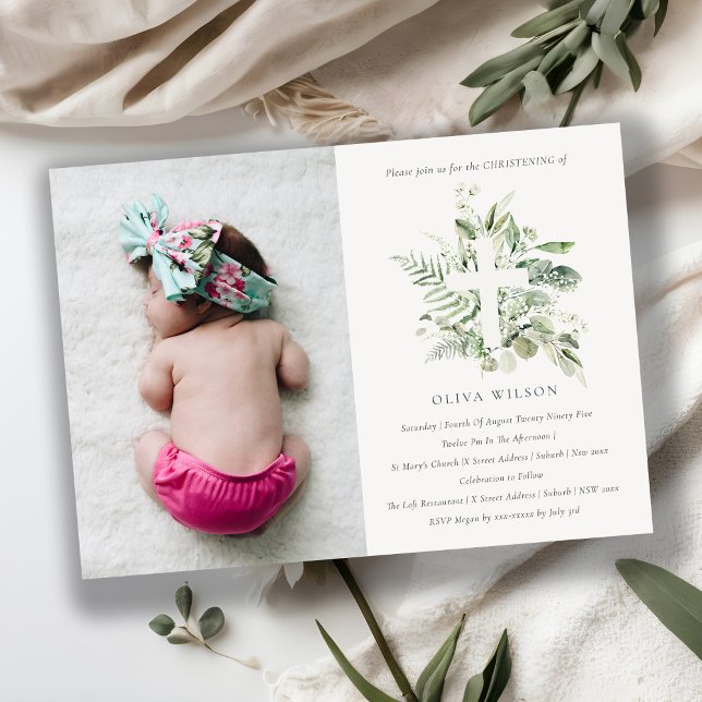 Eucalyptus Fauna Cross Photo Christening Invite (Creator Uploaded)