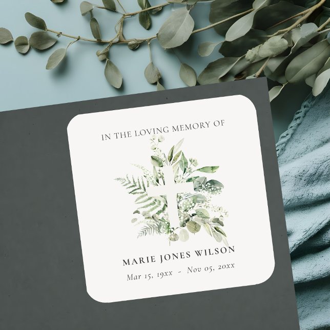 Eucalyptus Fern Fauna Cross Memorial Sympathy Square Sticker (Creator Uploaded)