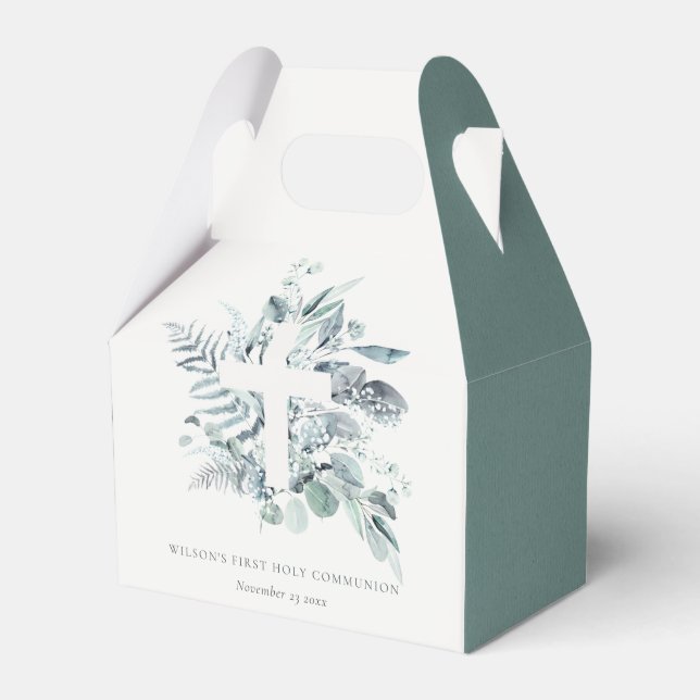 Eucalyptus Fern Foliage Cross First Holy Communion Favour Box (Front Side)