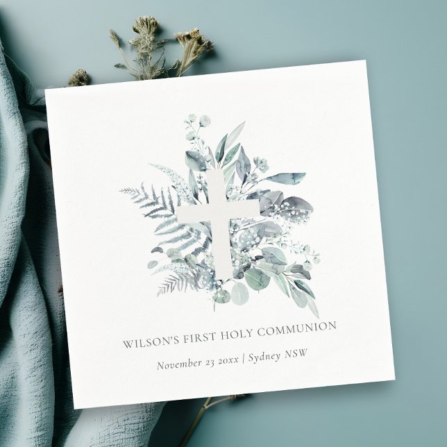Eucalyptus Fern Foliage Cross First Holy Communion Napkin (Creator Uploaded)