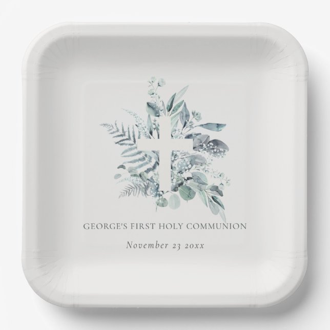 Eucalyptus Fern Foliage Cross First Holy Communion Paper Plate (Front)