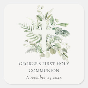Eucalyptus Fern Foliage Cross First Holy Communion Square Sticker