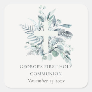 Eucalyptus Fern Foliage Cross First Holy Communion Square Sticker