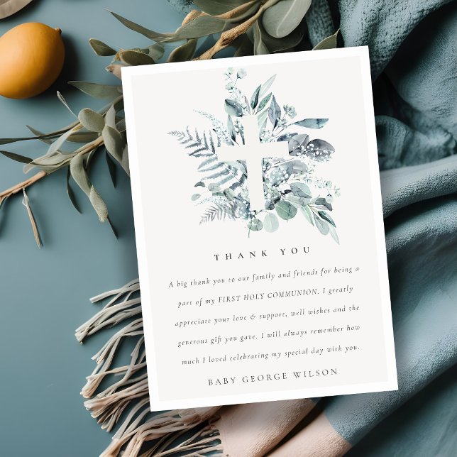 Eucalyptus Fern Foliage Cross First Holy Communion Thank You Card (Creator Uploaded)