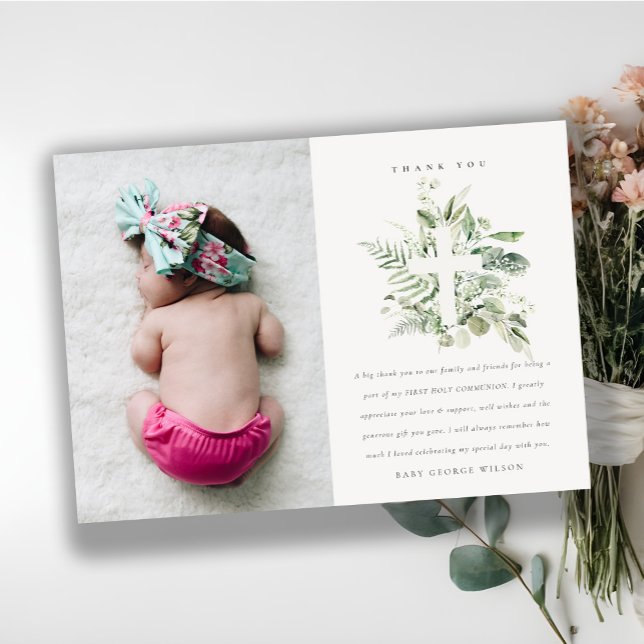Eucalyptus Fern Foliage Cross First Holy Communion Thank You Card (Creator Uploaded)