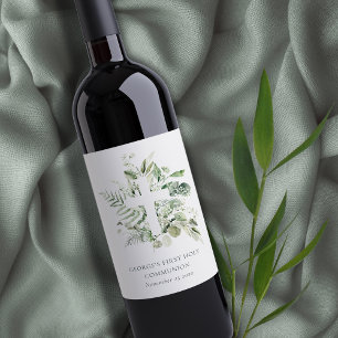 Eucalyptus Fern Foliage Cross First Holy Communion Wine Label