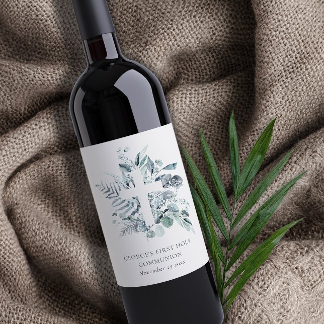 Eucalyptus Fern Foliage Cross First Holy Communion Wine Label (Creator Uploaded)