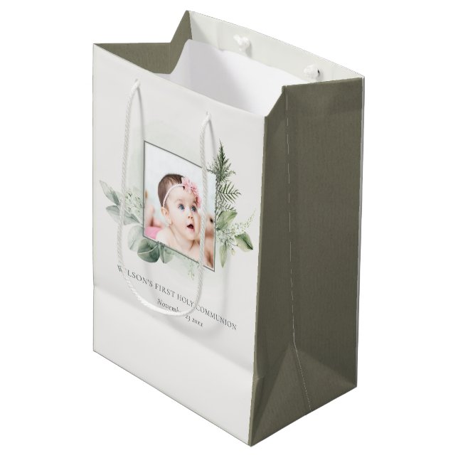 Eucalyptus Fern Foliage Photo First Holy Communion Medium Gift Bag (Front Angled)