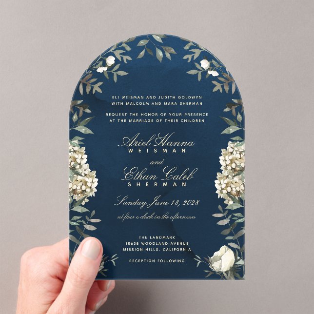 Eucalyptus Ferns White Flowers Navy Archway Acrylic Invitations (Insitu (Handheld))