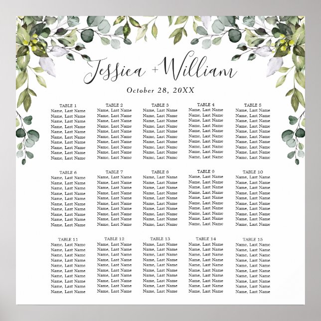 Eucalyptus Floral 15 Tables Wedding SEATING CHART (Front)