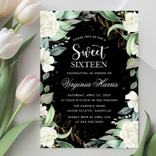 Eucalyptus Floral Black Sweet Sixteen 16 Birthday Invitation