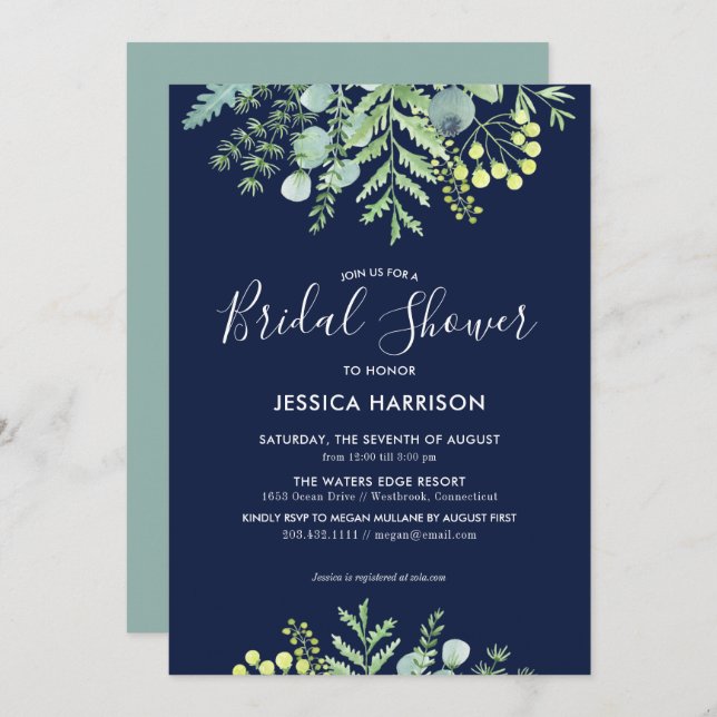 Eucalyptus Floral Bridal Shower Invitation Navy (Front/Back)