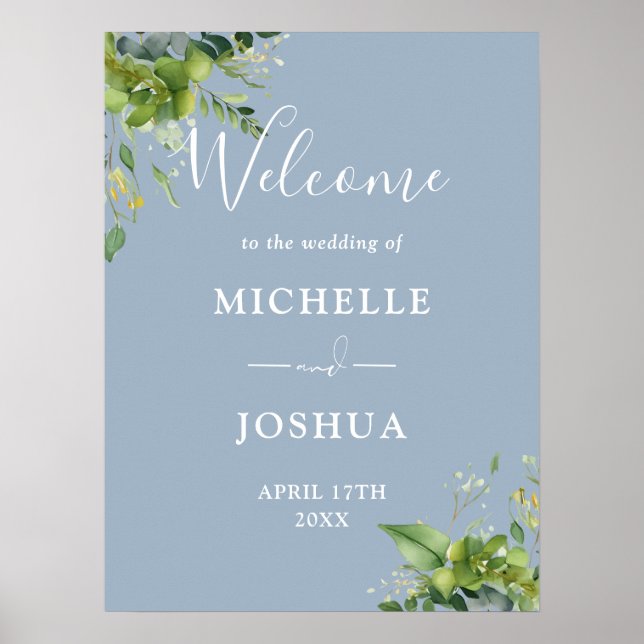Eucalyptus Floral Dusty Blue Wedding Welcome Sign (Front)