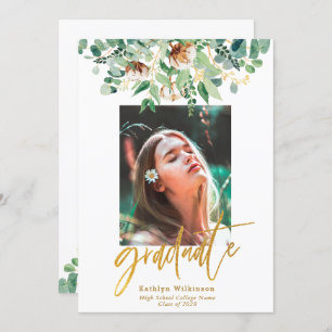 Eucalyptus Floral Elegant Gold Script Graduation Announcement
