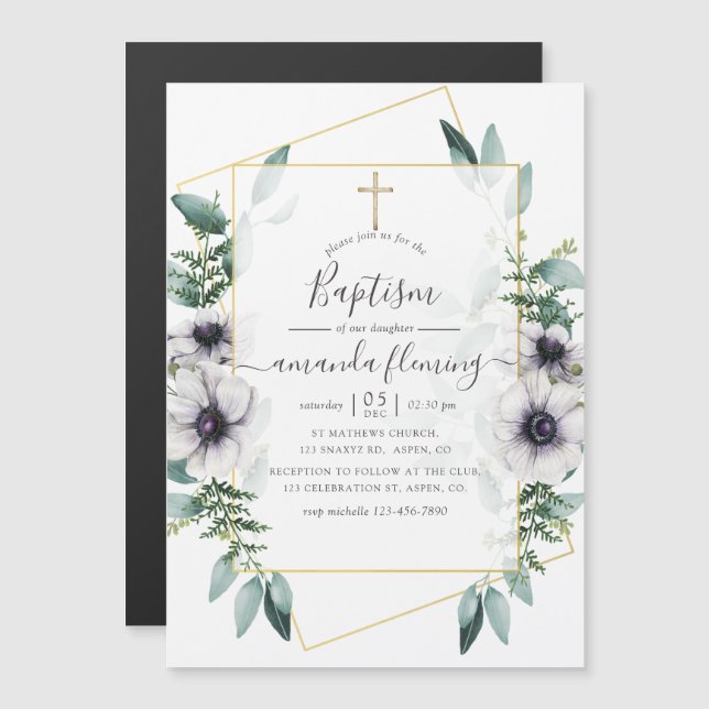 Eucalyptus Floral Geometric Baptism Magnetic Invitation (Front/Back)