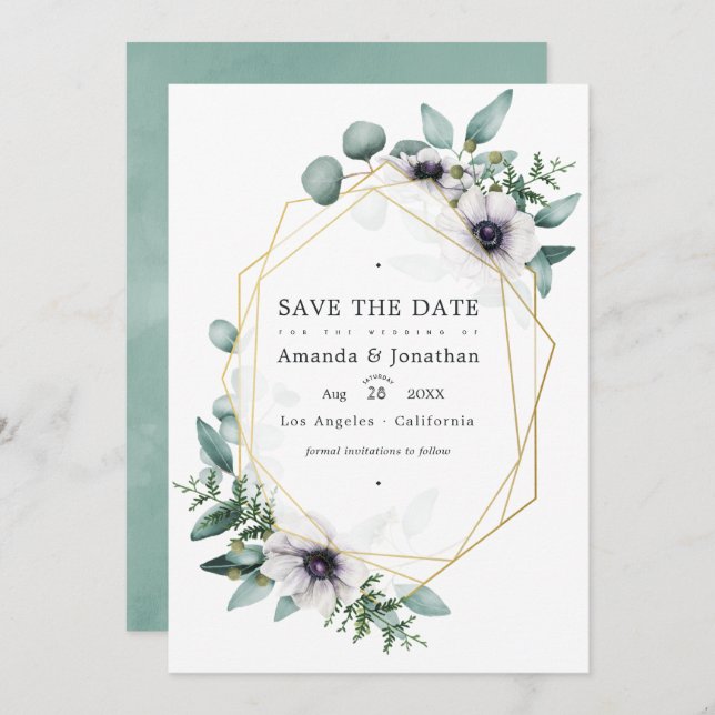 Eucalyptus Floral Geometric Wedding Photo Save The Date (Front/Back)