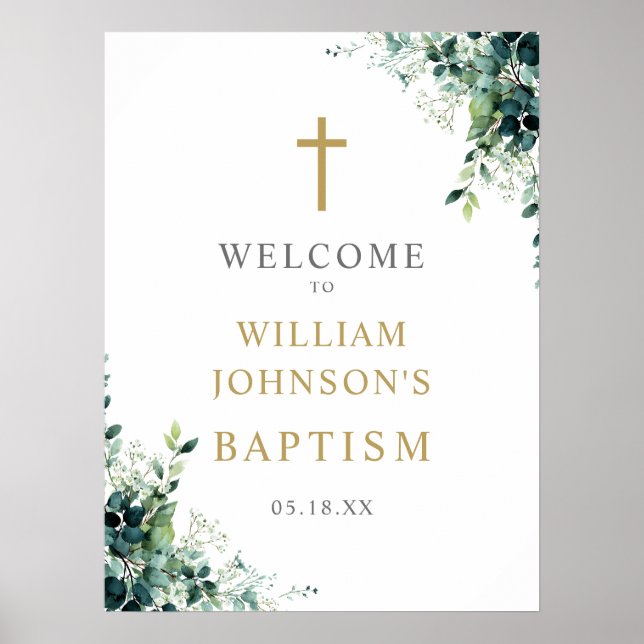Eucalyptus Floral Greenery Baptism Welcome Sign (Front)