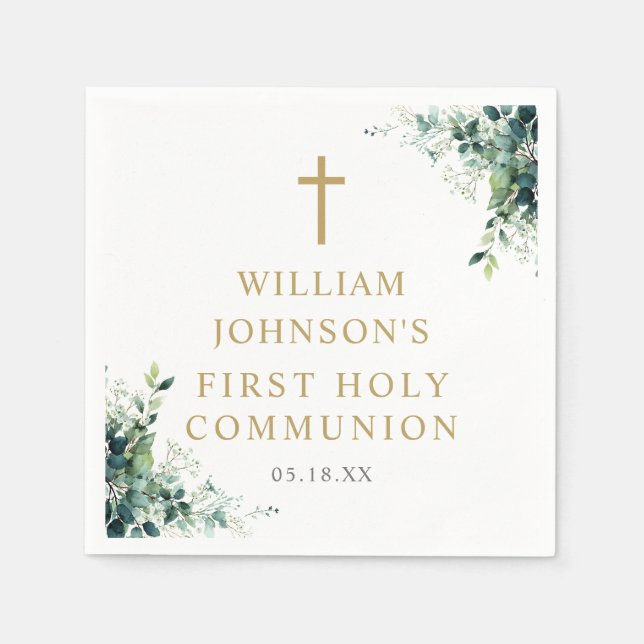 Eucalyptus Floral Greenery First Holy Communion Napkin (Front)
